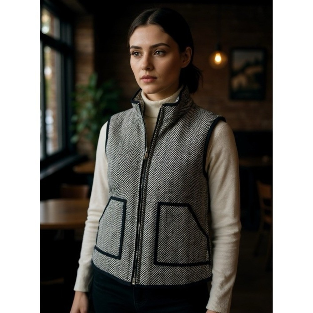 Herringbone Vest Sleeveless‎ Jacket Full Zip Pockets Gray Black Small S Women's